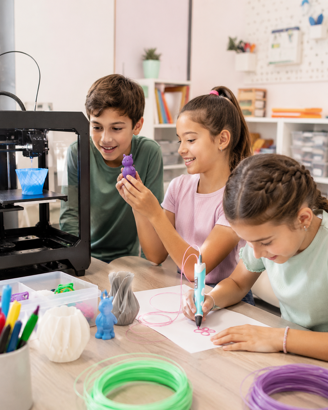 Niños creando piezas con impresora y boli 3D