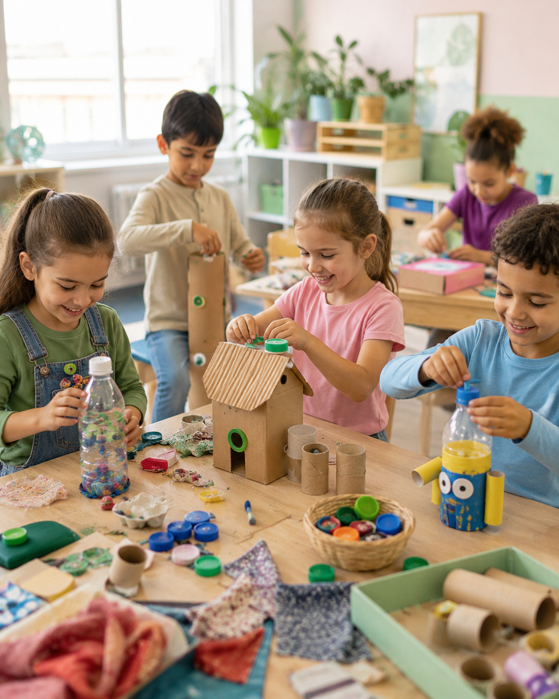 Niños creando con materiales reciclados